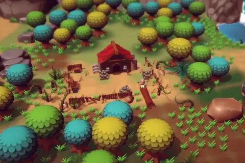 Kolorowy świat gry sandbox: domek, drzewa w odcieniach zieleni, żółci i błękitu, wodospad i kamienie.