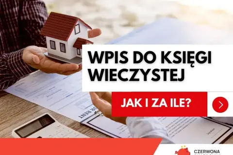 Ręce trzymają model domu, obok kalkulator i dokumenty. Temat: wpis do księgi wieczystej, jak i za ile?