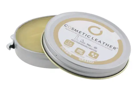 Boîte ouverte de graisse pour chaussures en cuir, "Cosmetic Leather", pour nourrir et imperméabiliser.