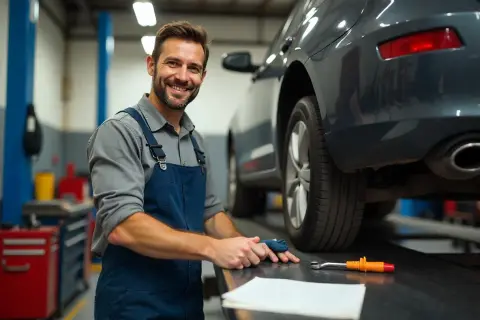 Un mécanicien souriant dans un garage libre service pour réparer soi-même, prêt à aider avec votre voiture.