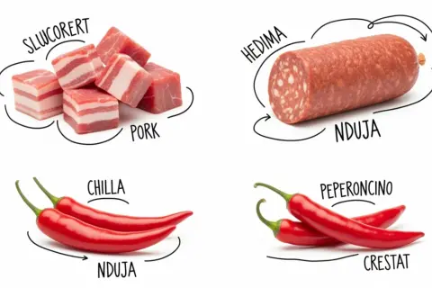 Składniki nduja: wieprzowina, papryczki chili, peperoncino. Wygląda na to, że to pikantna, włoska kiełbasa.