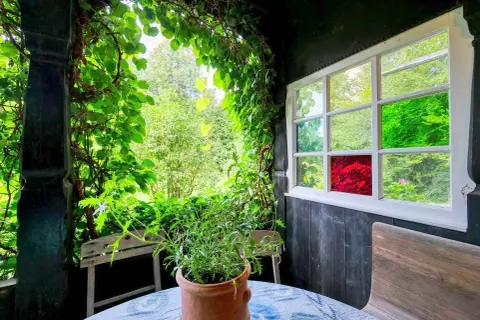 Zielona pergola porośnięta pnączami, z doniczką z rośliną na stole. W oknie kolorowe szyby, jakby przez pryzmat widok na ogród, gdzie kwitnie fasola ozdobna.