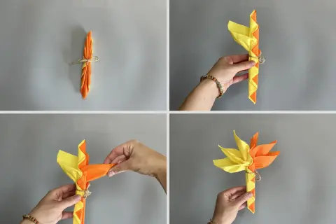 Étapes pour un pliage serviette palmier. Des mains plient des serviettes orange et jaunes pour créer une forme de palmier.