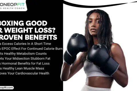 A woman in boxing gloves is shown, highlighting the 7 proven boxing benefits for weight loss, including calorie burn and metabolism boost.
