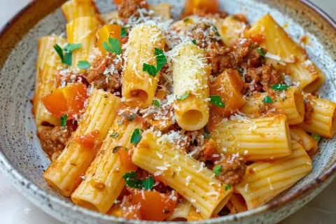 En skål med rigatoni pasta med en mustig salsiccia-sås, toppad med riven parmesan och färsk persilja.