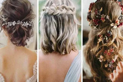 Tres estilos de recogidos elegantes para bodas: moño bajo con tiara, trenza de cascada y melena suelta con flores.