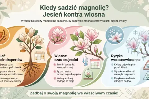 Kiedy sadzić magnolię? Jesień to wybór ekspertów, bo nagrzana ziemia stymuluje wzrost korzeni. Wiosną kwitnące okazy sadź po 15 maja.