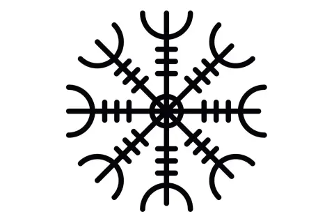 En svart, stiliserad bild av en kompassros, en av de mest kända fornnordiska symbolerna. Den ser ut som en stjärna med åtta spetsar, där varje spets har en unik form.