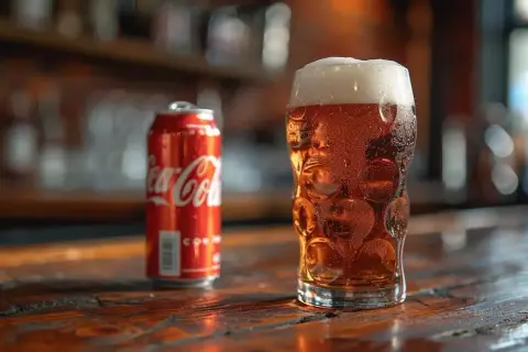 Un bicchiere di birra ambrata e una lattina di Coca-Cola su un tavolo di legno. La birra ha una schiuma abbondante.