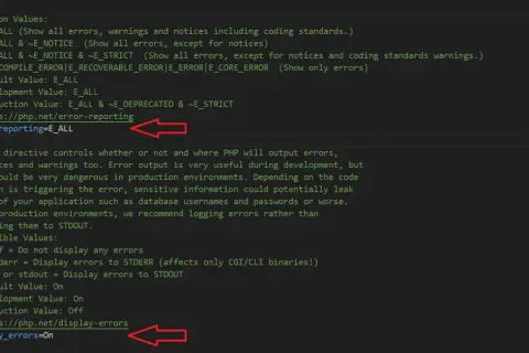 Configuration PHP pour afficher tous les rapports d'erreurs. `error_reporting=E_ALL` est utile en développement.