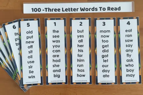 Tarjetas con palabras con 3 letras para aprender a leer. Se ven listas de palabras como "the", "but", "mom", "eat", "old", "put", "see", "yes", "now", "ran".