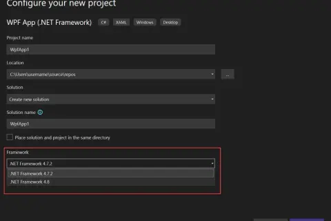 Fenêtre de configuration de projet WPF. Choix entre différentes versions de .NET Framework pour votre application C#.