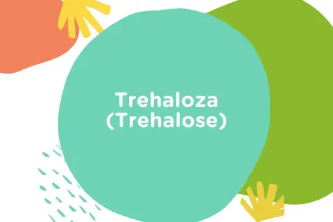 Kolorowe kształty na białym tle. Na turkusowym okręgu napis: Trehaloza (Trehalose). Dowiedz się, co to jest trehaloza.