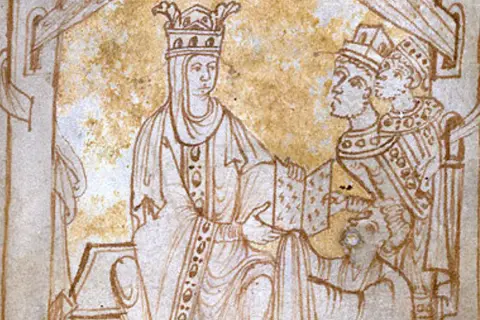 Emma, reine d'Angleterre, couronnée, offre un livre à un homme barbu. Deux autres figures royales sont présentes.
