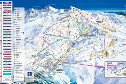 Mapa de pistas de esquí de Sierra Nevada, con detalles de remontes, zonas de esquí y servicios. Incluye el pueblo de Pradollano.