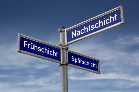 Wegweiser mit "Frühschicht", "Nachtschicht" und "Spätschicht". Hier gibt es Tipps zur Befreiung von Schichtarbeit.