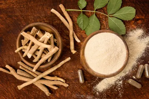 Korzeń i proszek z ashwagandhy, znanej jako adaptogen. Obok kapsułki i liście rośliny.