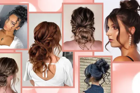 Raccolte di capelli eleganti e morbide, tra cui un chignon spettinato, perfette per ogni occasione.