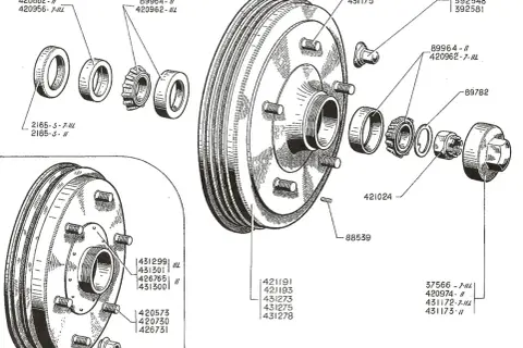 Vue éclatée du schema tambour frein arriere, montrant les roulements, joints et autres pièces pour un assemblage complet.