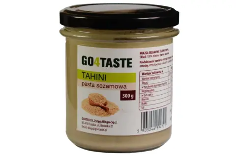 Słoik pasty sezamowej tahini GO4TASTE. Idealna do hummusu i sosów. Tahini co to? To zmielone ziarno sezamu.
