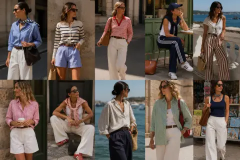 Frauen in gestreiften Outfits, perfekt für eine summer chic hochzeit. Leichte Stoffe und maritime Akzente.