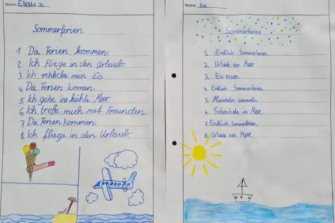 Zwei Kinder beschreiben ihre Ferienerlebnisse Grundschule: Urlaub am Meer, Eis essen und mit Freunden spielen.