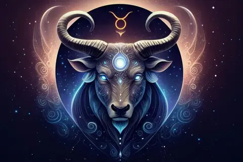 Mistyczny Byk, znak zodiaku od 20 kwietnia do 20 maja, otoczony kosmiczną poświatą i gwiazdami.