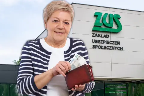 Starsza pani z portfelem pełnym pieniędzy przed budynkiem ZUS. Zastanawia się, ile może dorobić emeryt.