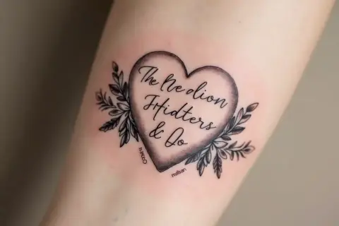 Ein Herz-Tattoo mit dem Schriftzug "The Nedion Ffidters & Do", umrahmt von Zweigen. Ein bleibendes Andenken an den Verlust eines Menschen.