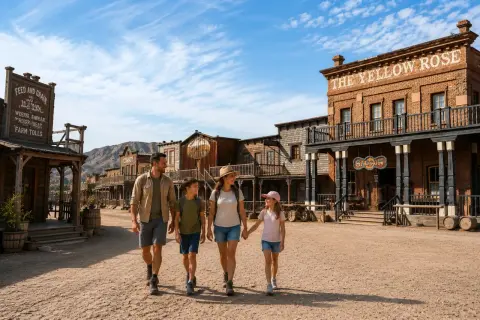 Familia pasea por el parque del oeste Almería, con edificios de estilo vaquero y el cartel "The Yellow Rose Saloon".