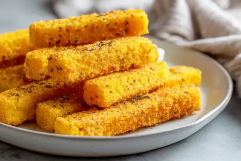 Knusprige polenta sticks, goldbraun gebacken und mit Kräutern bestreut, liegen auf einem Teller.