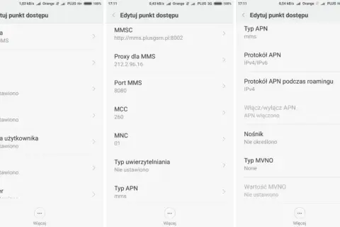 Ekran ustawień APN telefonu z widocznymi polami: Nazwa, APN, MMSC, Proxy, Port, MCC, MNC, Typ APN.