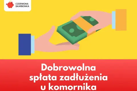 Dwie dłonie przekazują sobie plik banknotów. Ilustracja symbolizuje dobrowolną spłatę zadłużenia u komornika.