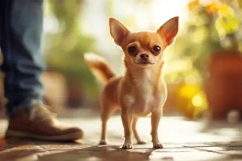 Mały, rudy piesek chihuahua stoi obok nogi człowieka. Do jakiego wieku rośnie pies tej rasy?