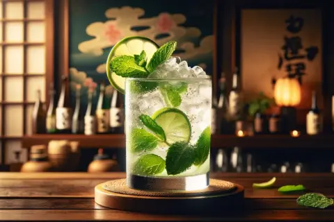 Orzeźwiające drinki z sake, z limonką i miętą, w klimatycznym barze.
