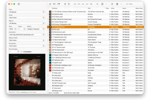 This Mac app shows how to edit MP3 files, displaying track details for Nils Frahm's "All Melody" album.