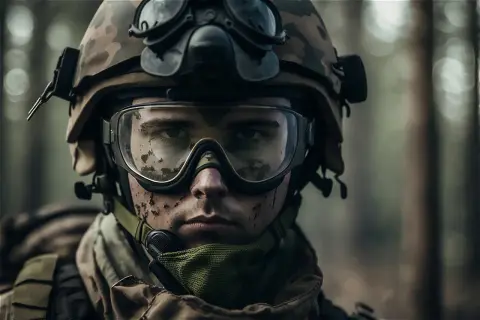Soldado con casco y gafas tácticas, con barro en la cara, listo para la misión en el bosque.