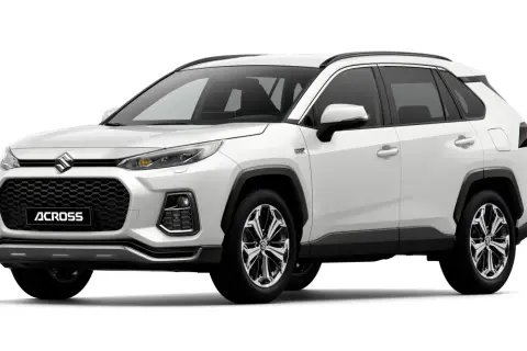 Biały Suzuki Across z czarną atrapą chłodnicy i napisem "ACROSS". Stylowy SUV gotowy na każdą podróż.