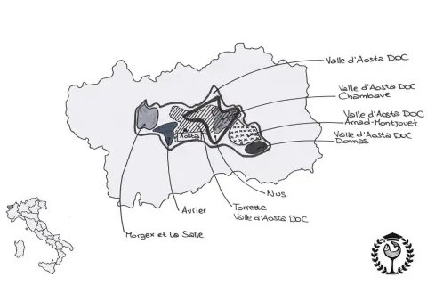 Mappa della Valle d'Aosta con indicazione delle zone di produzione dei vini DOC: Chambave, Arnad-Montjovet, Donnas, Morgex et La Salle, Avrier, Torrette e Nus.