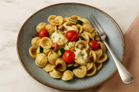 Orecchiette-Nudeln mit Kirschtomaten, Zucchini und geschmolzenem Käse. Ein köstliches Gericht, das zu den besten Orecchiette Rezepten zählt.