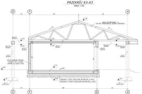 Przekrój K3-K3: szczegółowy projekt wykonawczy i techniczny konstrukcji dachu z wiązarem prefabrykowanym.
