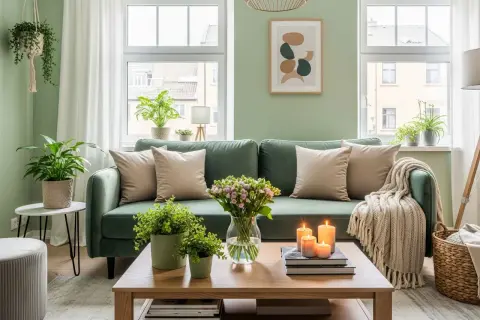 Zielona sofa w salonie, ściany w kolorze **kolor pistacjowy**, jasne poduszki, bukiet kwiatów i świece na stoliku.