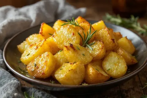 Assiette de pommes de terre rôties dorées, garnies de romarin frais. Une délicieuse recette pomme de terre pour un repas réconfortant.