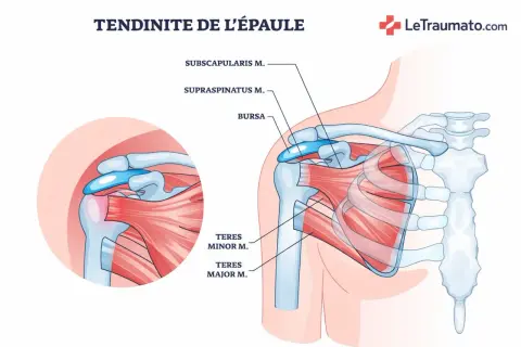Illustration anatomique de la tendinite de l'épaule gauche, montrant les muscles et la bourse. Le stress peut aggraver la douleur à l'épaule.