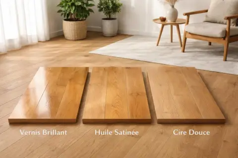 Comparaison de finitions pour le bois : vernis brillant, huile satinée et cire douce.