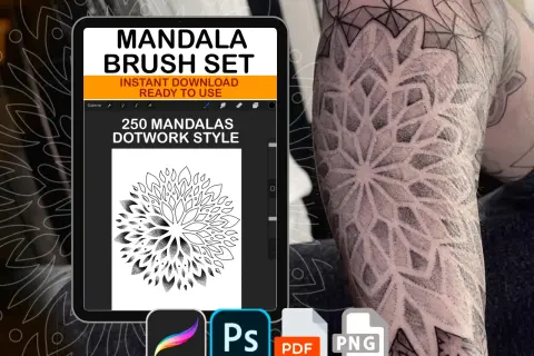 Ein Tablet zeigt einen Mandala-Pinsel-Set-Download. Daneben ein Arm mit einem detaillierten Tattoo im Dotwork-Stil, das geometrische Muster und Punkte nutzt.