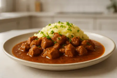 Gulasz z mięsa, idealny do marynowania, podany z purée ziemniaczanym i posypany natką pietruszki.