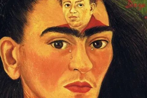Portret Fridy Kahlo, z wizerunkiem jej męża, Diego Rivery, w jej głowie. Tytuł "Diego y yo" widoczny w rogu.