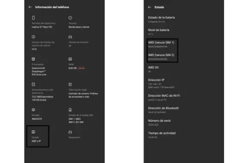 Información del teléfono: Estado del móvil con IMEI para SIM 1 y SIM 2.