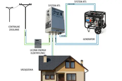 Schemat budowy agregatu prądotwórczego z systemem ATS, licznikiem energii i domem.
